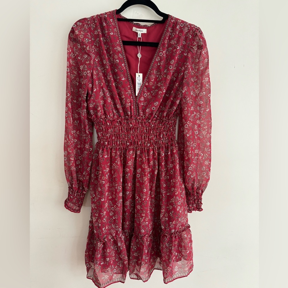 NWT MAX STUDIO Long Sleeve Chiffon Dress Floral Red